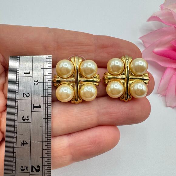 Vintage Givenchy Ivory Faux Pearl Maltese Cross Stud Earrings Gold Tone Signed - Picture 6 of 8